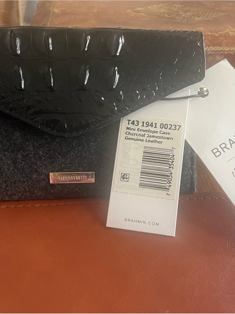 Brahmin Jamestown Black Croc-Embossed Mini Envelope Case with Charcoal Felt! NWT